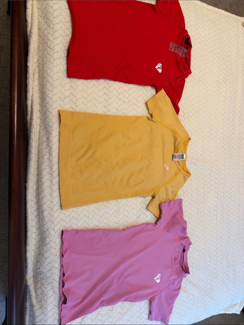 — Red, Yellow, Pink Three workout tops